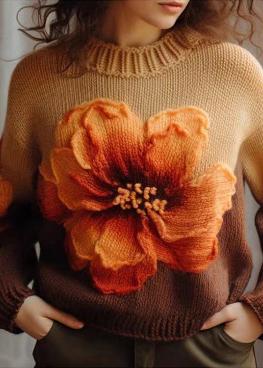 Women Brown O Neck Floral  Cotton Knit Sweaters Long Sleeve