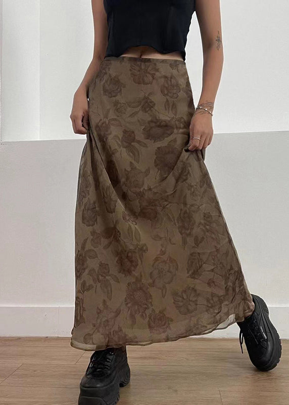 Women Brown Print High Waist Patchwork Tulle Maxi Skirts Fall