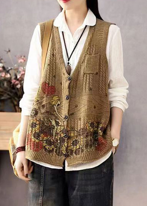 Women Brown V Neck Print Button Cotton Knit Waistcoat Sleeveless