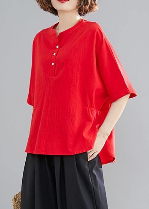 Women Button Down elastic waist linen shirts women red Art blouses