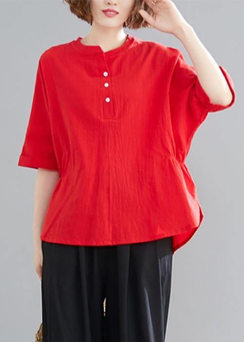 Women Button Down elastic waist linen shirts women red Art blouses