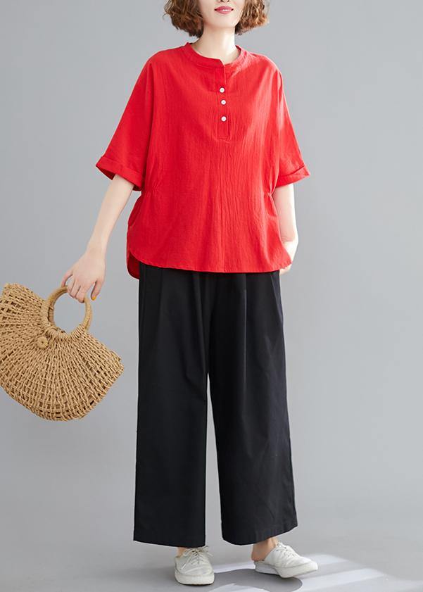 Women Button Down elastic waist linen shirts women red Art blouses