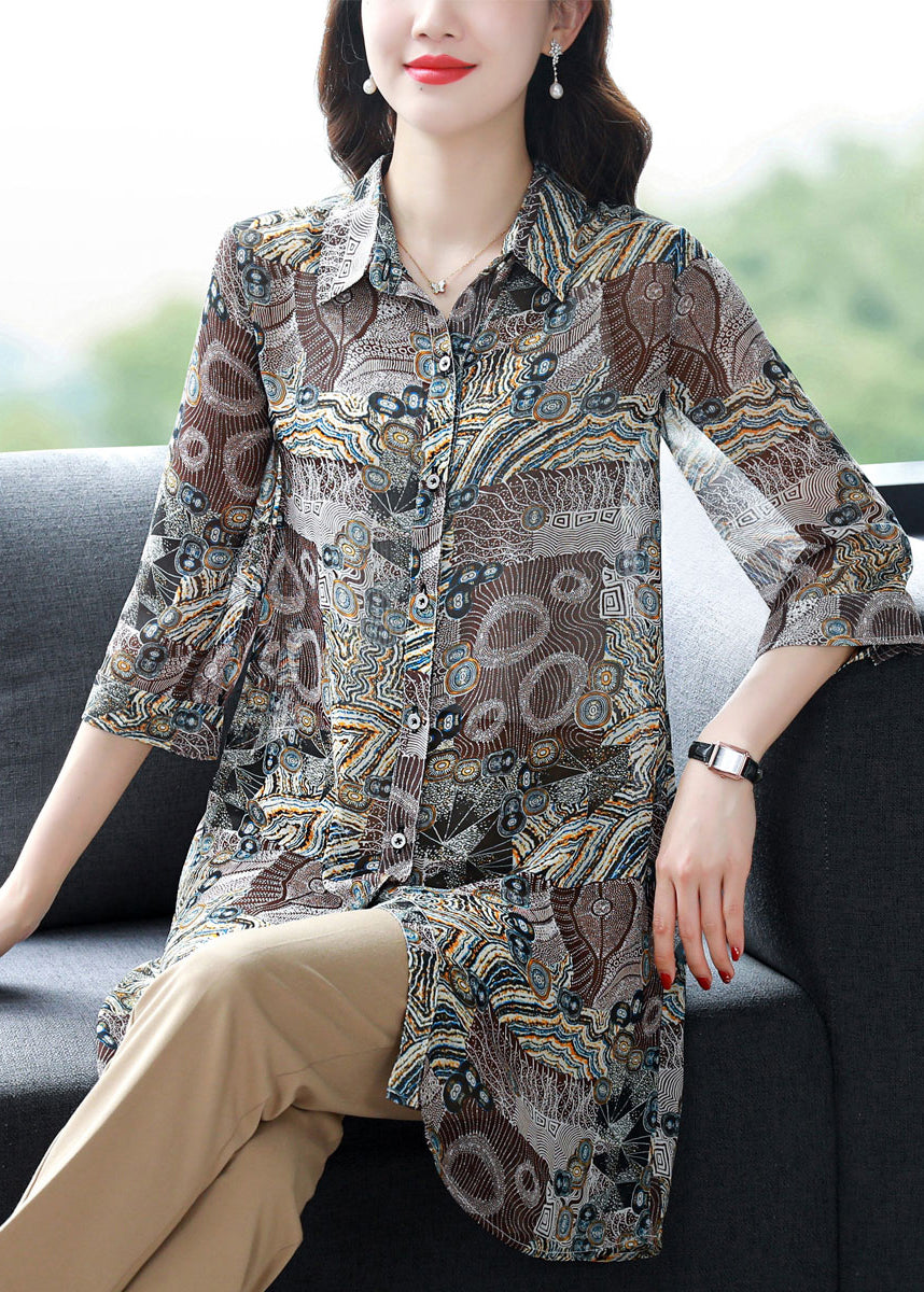 Women Button Peter Pan Collar Print Chiffon Blouse Tops Three Quarter sleeve