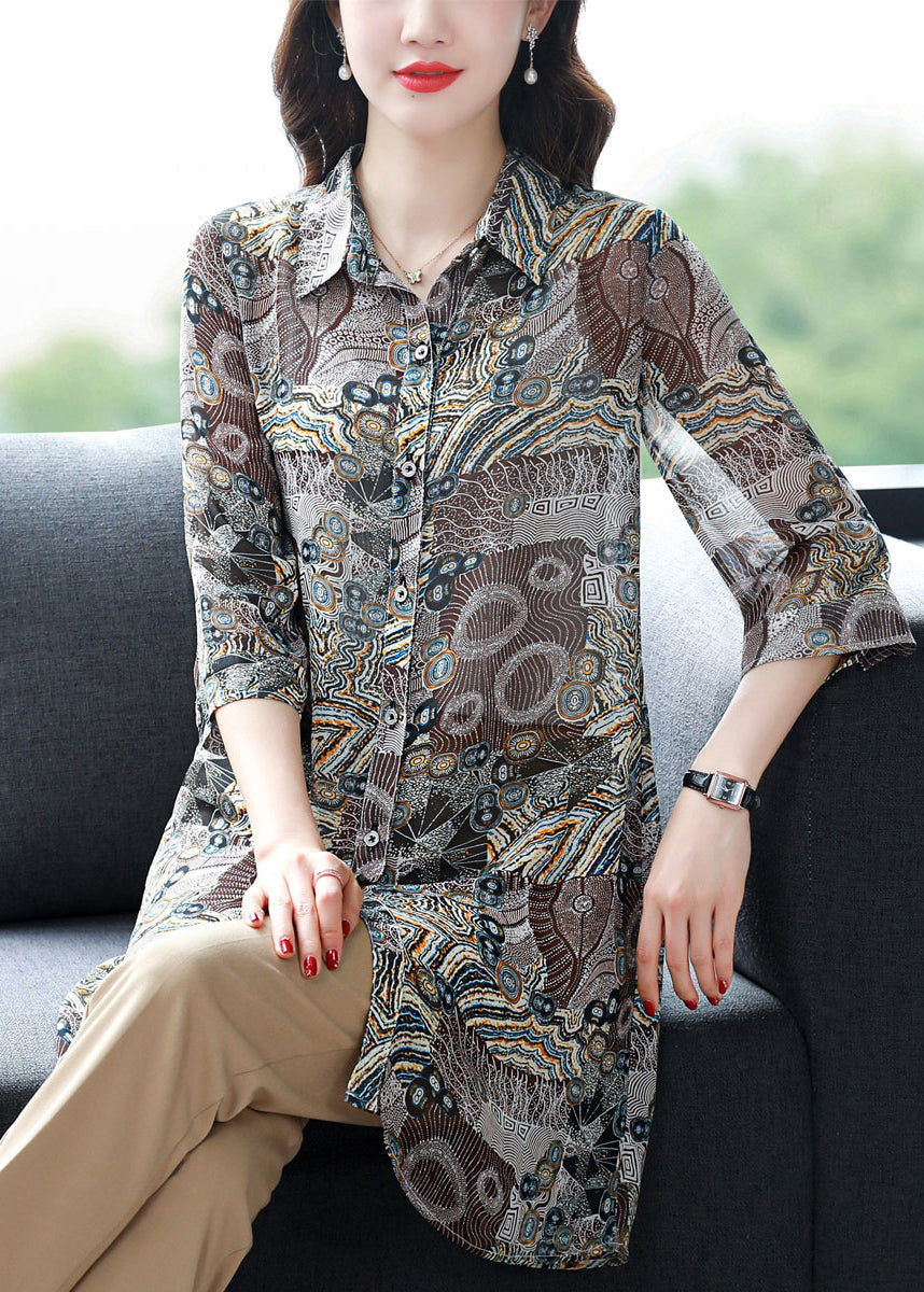 Women Button Peter Pan Collar Print Chiffon Blouse Tops Three Quarter sleeve