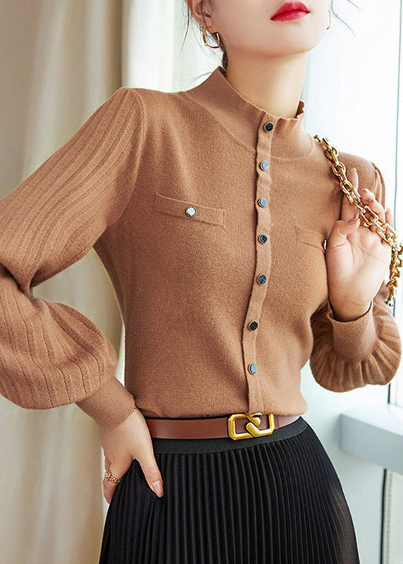 Women Camel Turtleneck Patchwork Cotton Knit Tops Lantern Sleeve