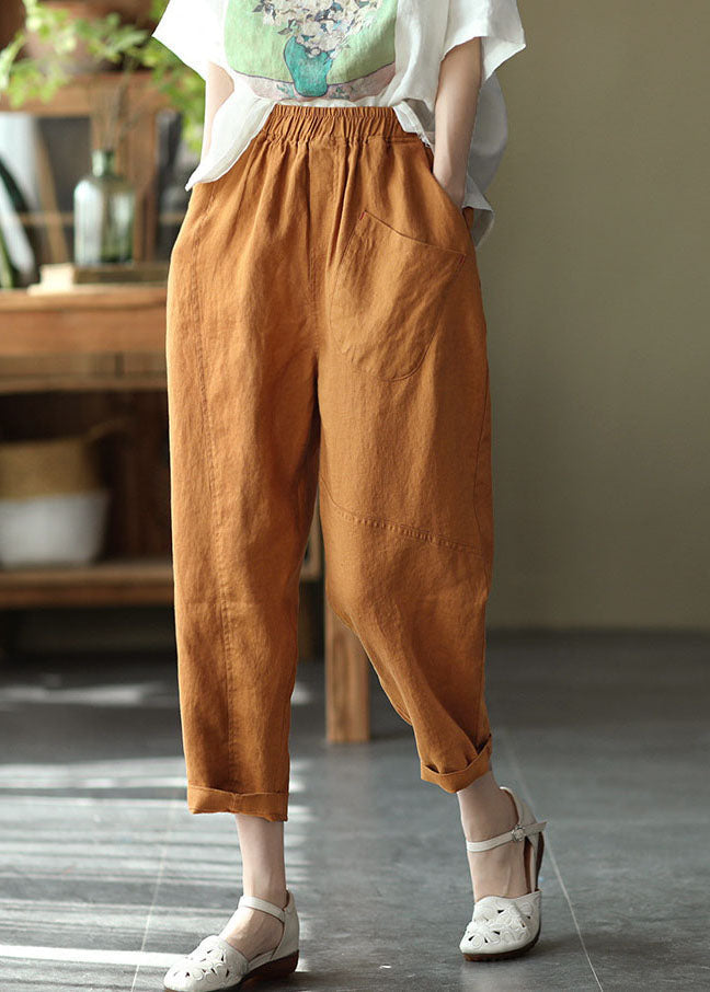 Women Caramel High Waist Solid Color Linen Harem Pants Summer