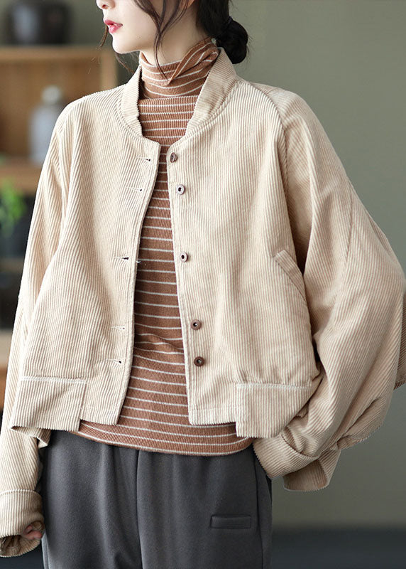 Women Caramel Pockets Button asymmetrical design Fall Corduroy Coat