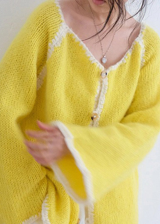 Women Casual Yellow O Neck Button Knit Cardigans Fall