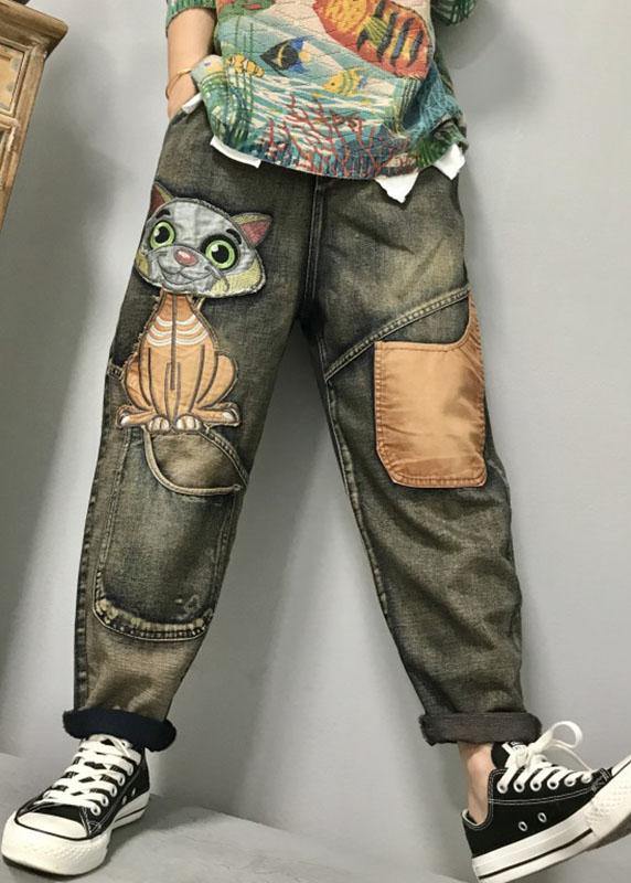 Women Cat Embroidery Patchwork Mid Waist Loose Denim Harem Jeans