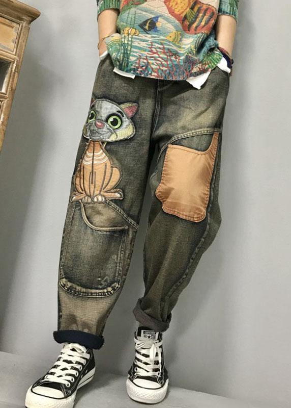 Women Cat Embroidery Patchwork Mid Waist Loose Denim Harem Jeans