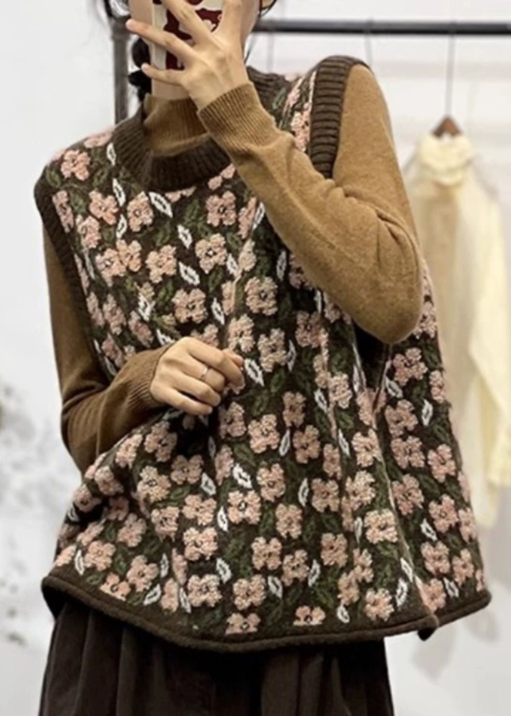 Women Coffee O-Neck Jacquard Loose Knit Vest Spring