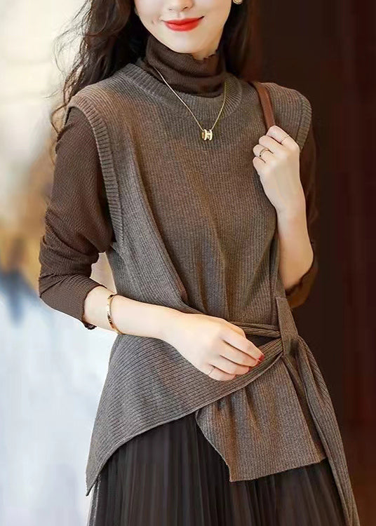 Women Chocolate O-Neck asymmetrical design thick Knit vest Sleeveless