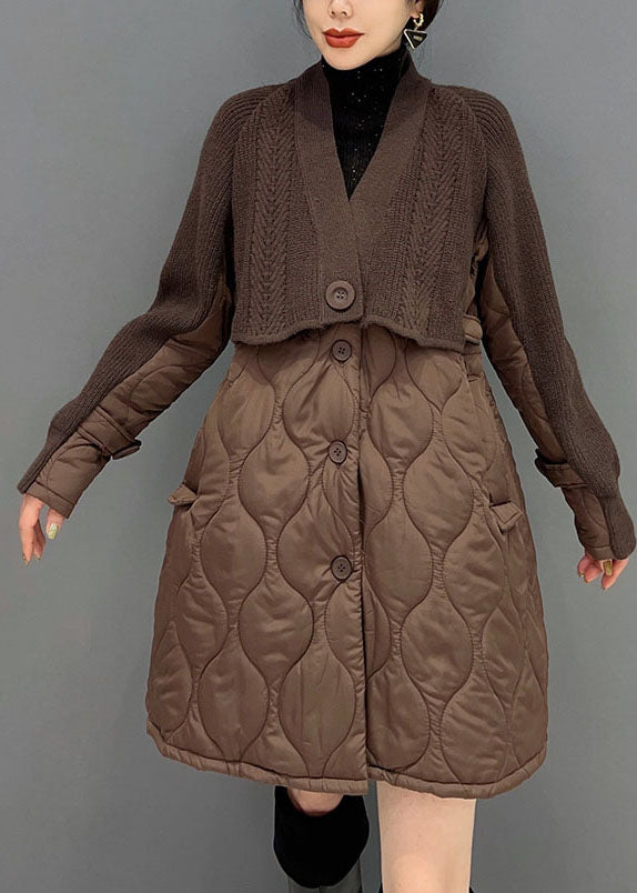 Women Chocolate V Neck Knit Patchwork  Cotton Filled coats Winter