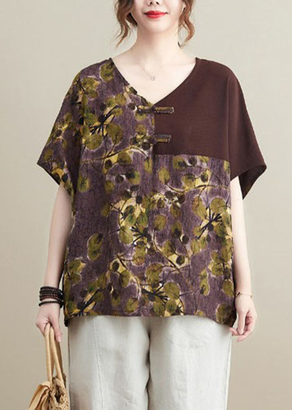 Women Chocolate V Neck Patchwork Print Oriental Button Cotton Tops Short Sleeve