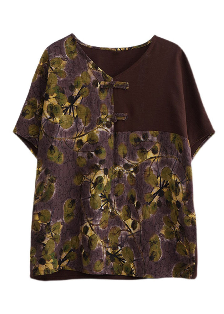 Women Chocolate V Neck Patchwork Print Oriental Button Cotton Tops Short Sleeve