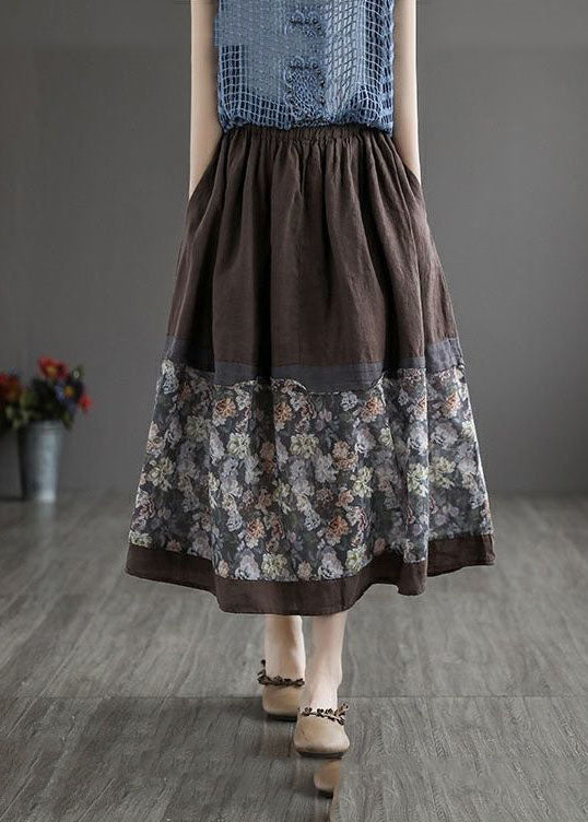 Women Coffee Wrinkled Pockets Print Patchwork Linen Skirt Summer