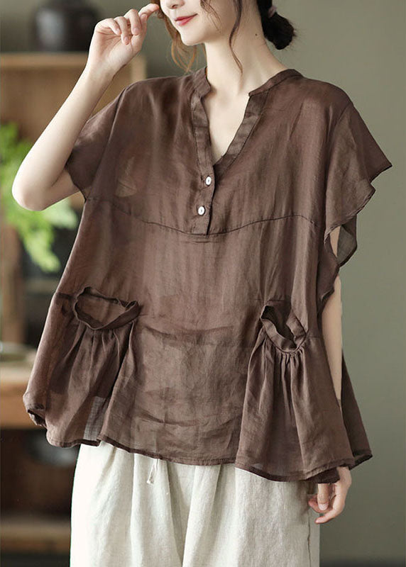 Women Chocolate retro Loose Pockets Fall Shirt Tops Short Sleeve