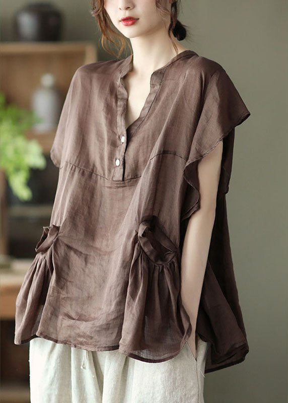 Women Chocolate retro Loose Pockets Fall Shirt Tops Short Sleeve