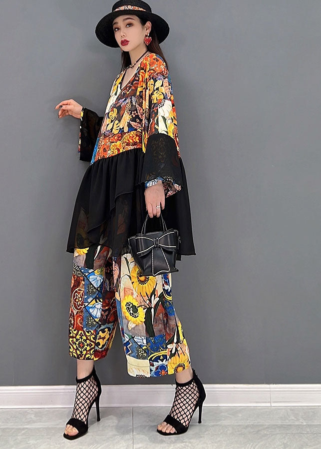 Women Colorblock Asymmetrical Print Tulle Patchwork Tops And Pants Two Piece Set Women Clothing Long Sleeve