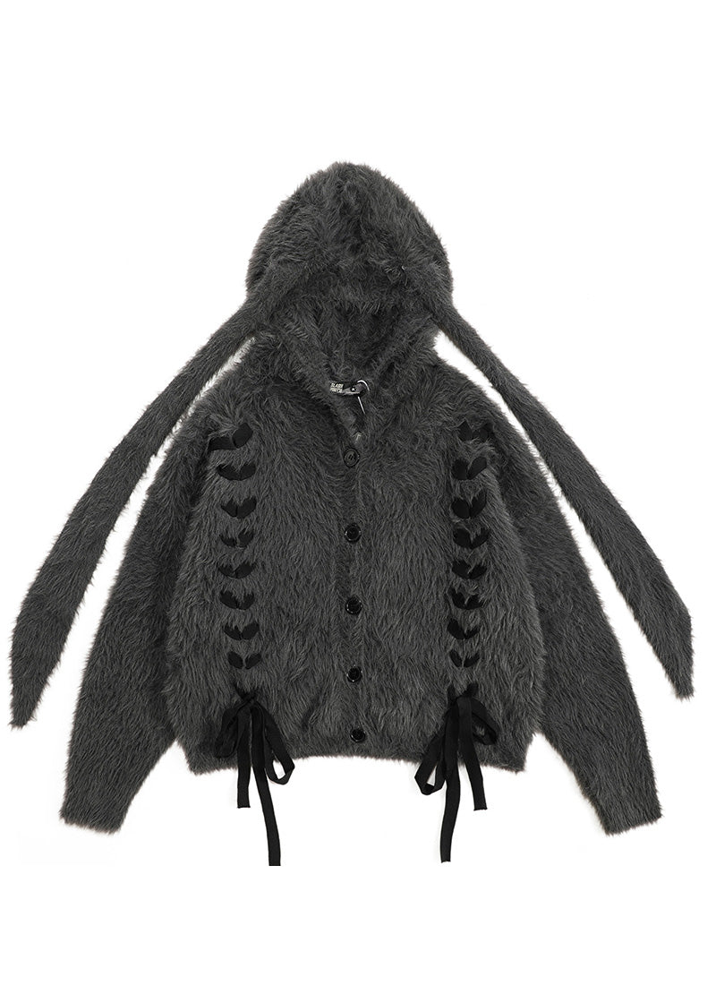 Women Dark Grey Oversized Bow Knit Rabbit Ears Hoodies Outwear Spring