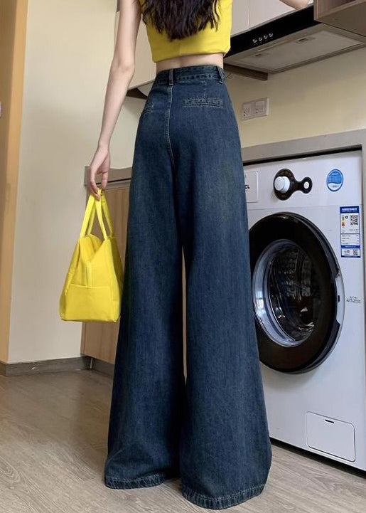 Women Denim Blue Button Pockets Denim Wide Leg Pants Summer