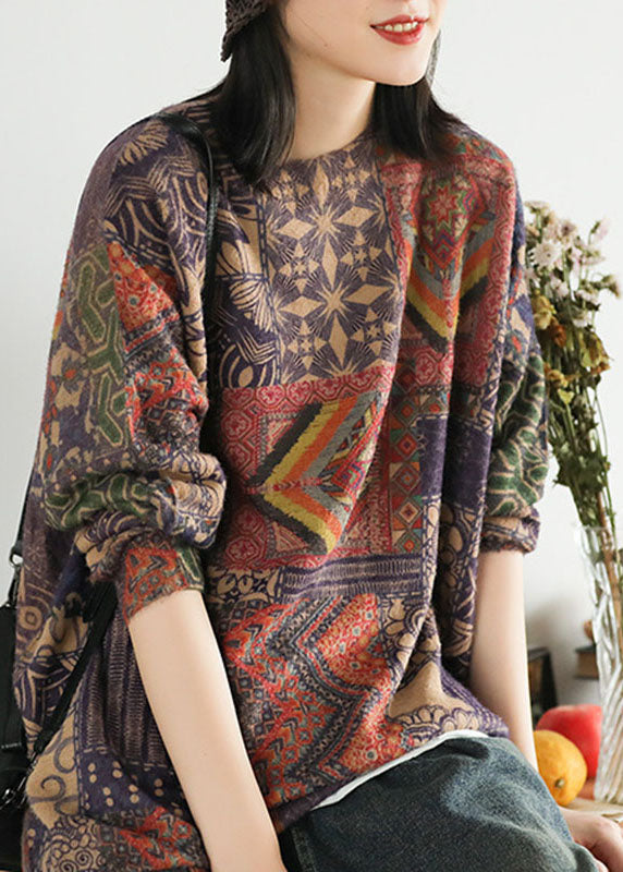 Women Geometric pattern Loose O-Neck Print Oriental Fall Knit Sweater