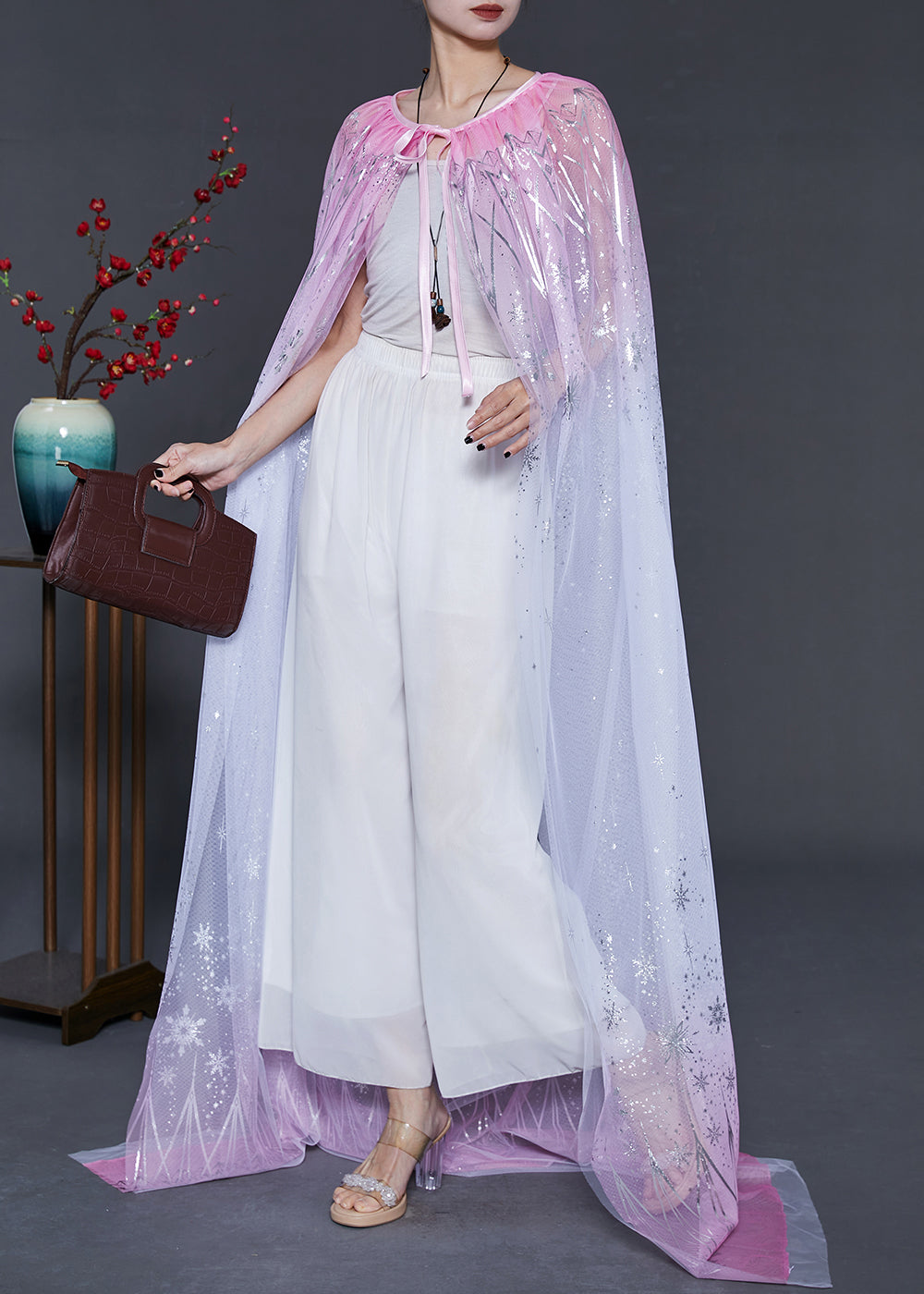 Women Gradient Pink Oversized Silk Holiday Cloak Summer