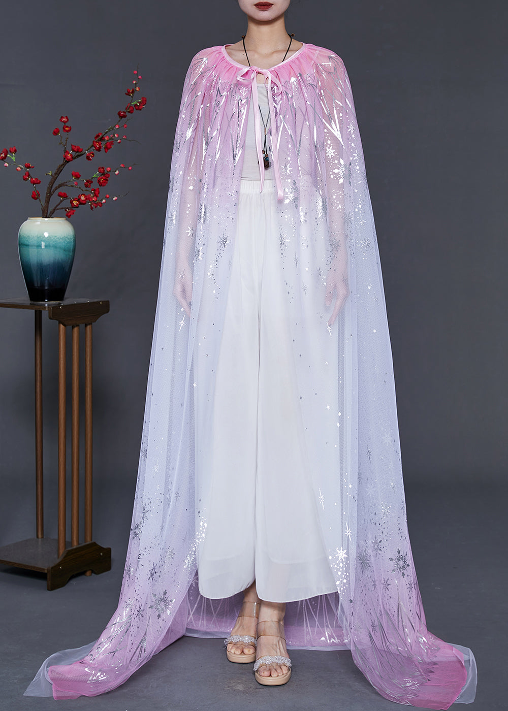 Women Gradient Pink Oversized Silk Holiday Cloak Summer