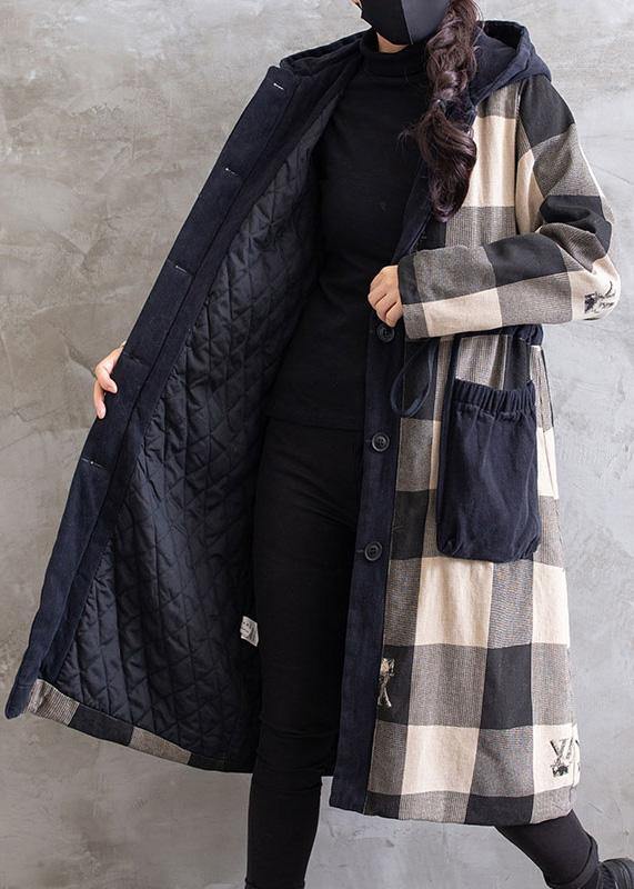 Women Gray Plaid Overcoat Hooded Drawstring Coats