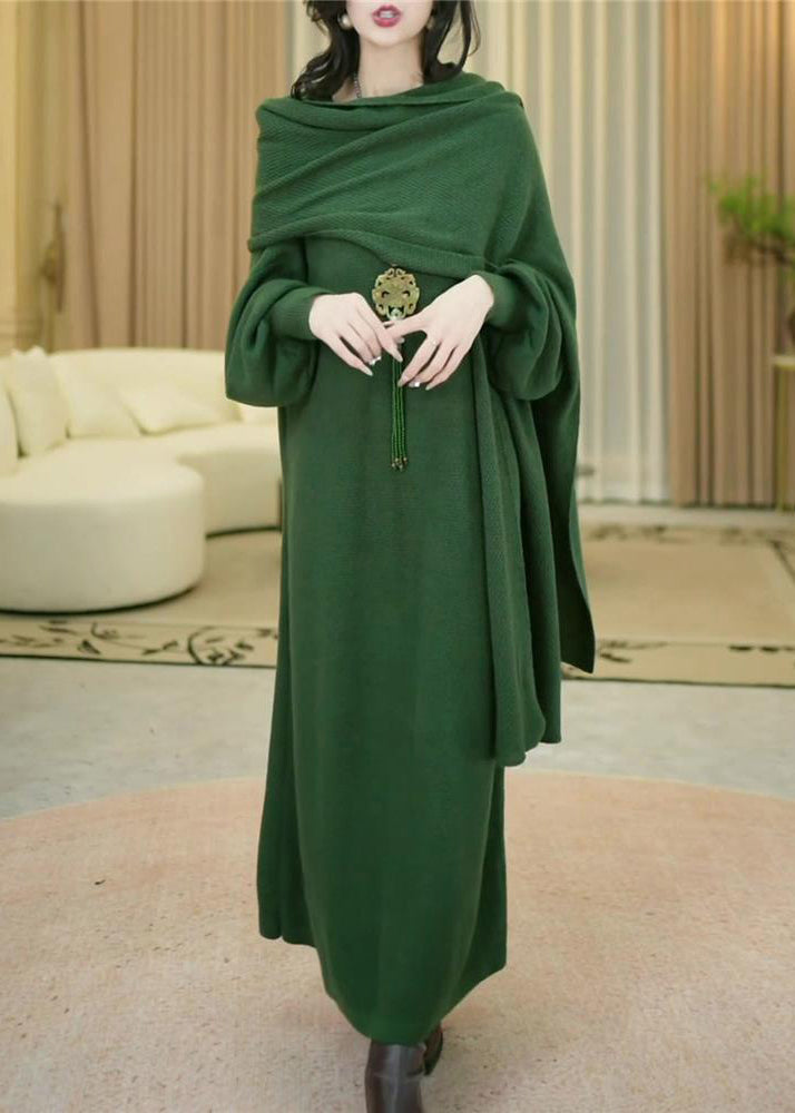 Women Green Cozy Solid Long Knit Dress Winter