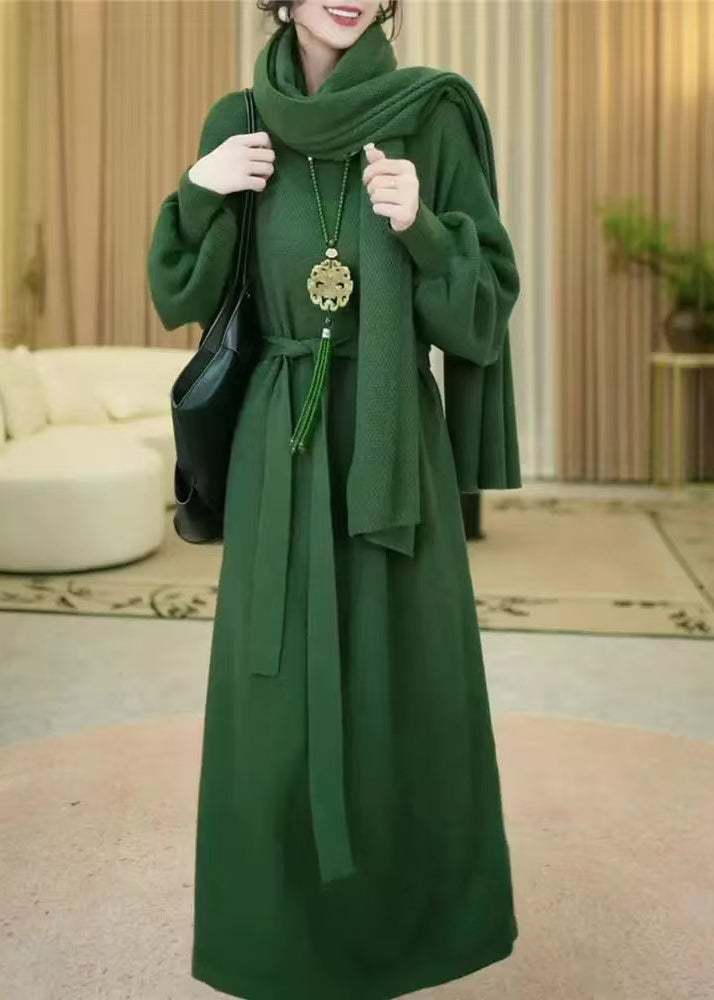 Women Green Cozy Solid Long Knit Dress Winter