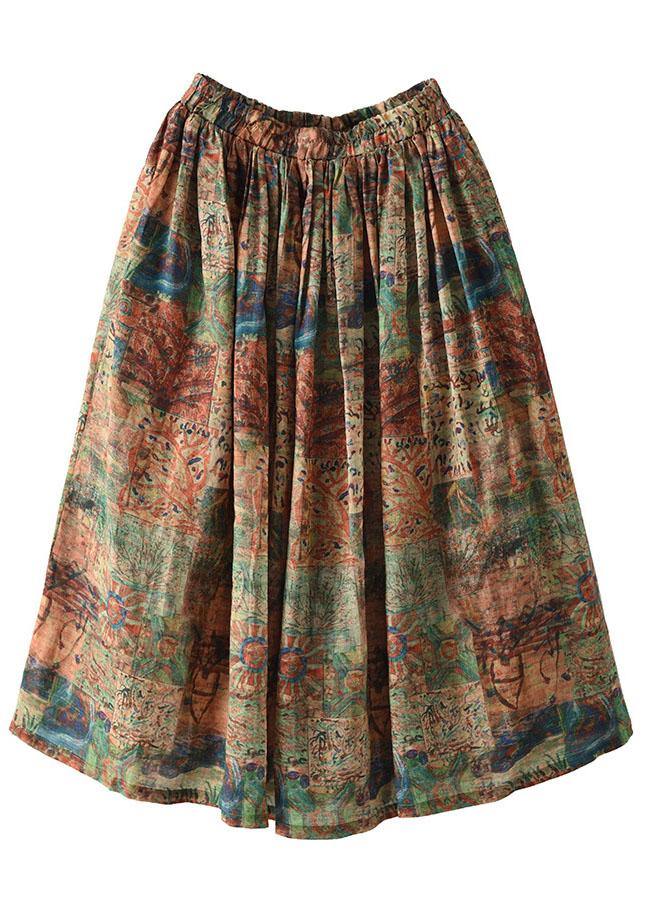 Women Brown flower Ramie Elastic Waist Skirt