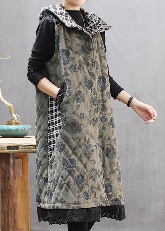 Women Green Print Winter Coats Casual Hooded Sleeveless Outwear