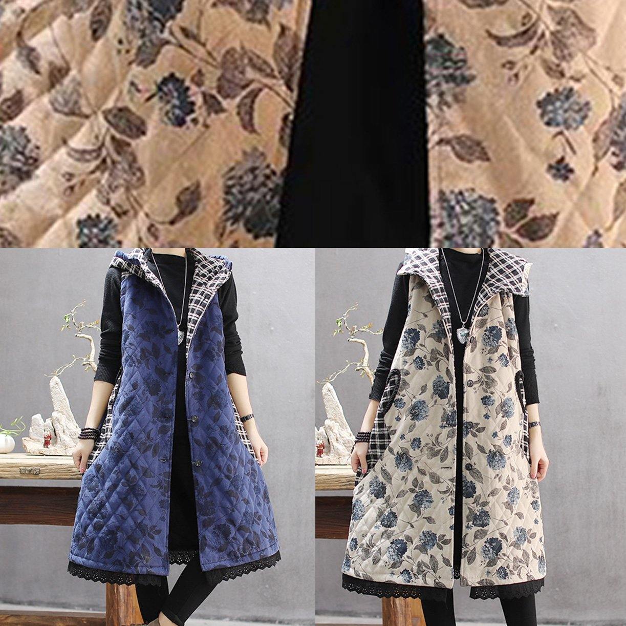 Women Green Print Winter Coats Casual Hooded Sleeveless Outwear