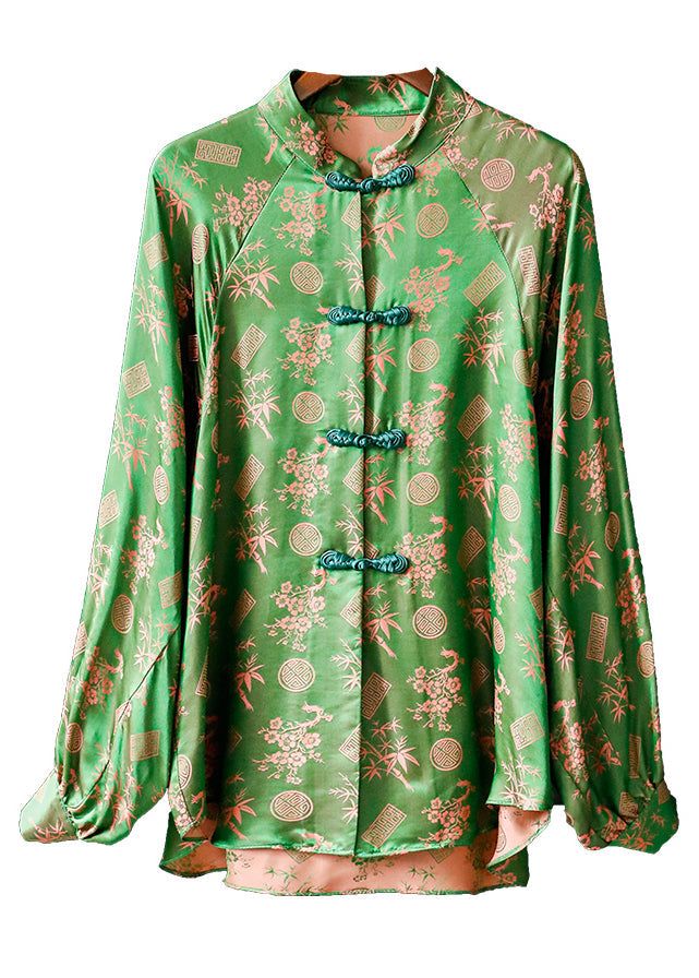 Women Green Stand Collar Button Print Silk Shirt Tops Long sleeve