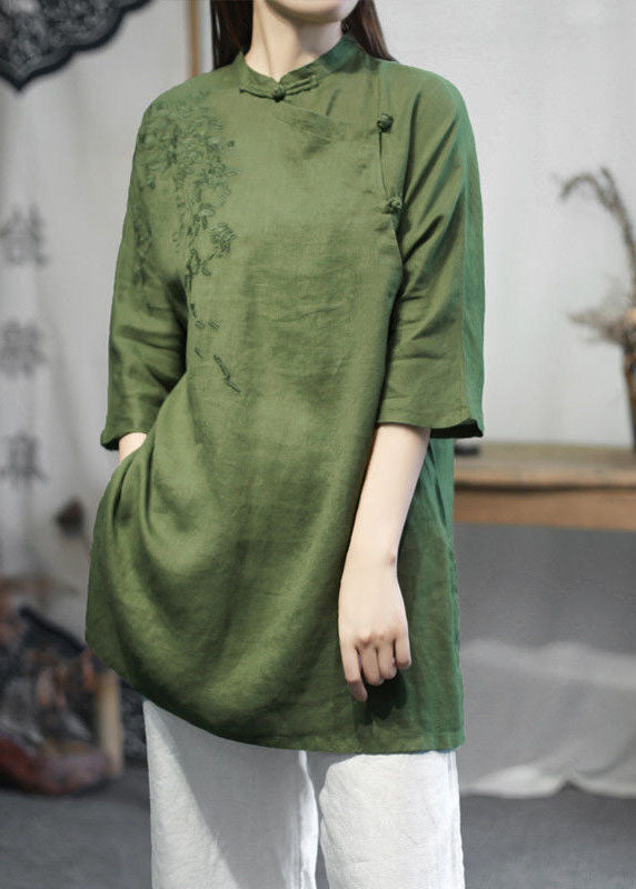 Women Green Stand Collar Embroideried Linen Tops Half Sleeve