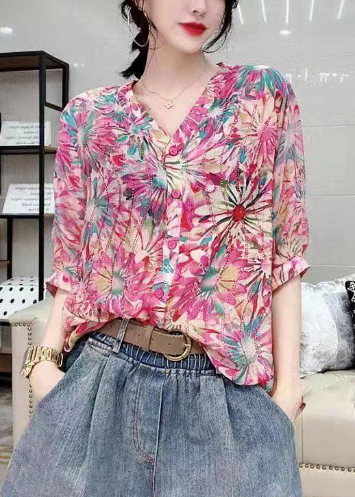 Women Green V Neck Button Diamonds Print Chiffon Shirt Top Short Sleeve