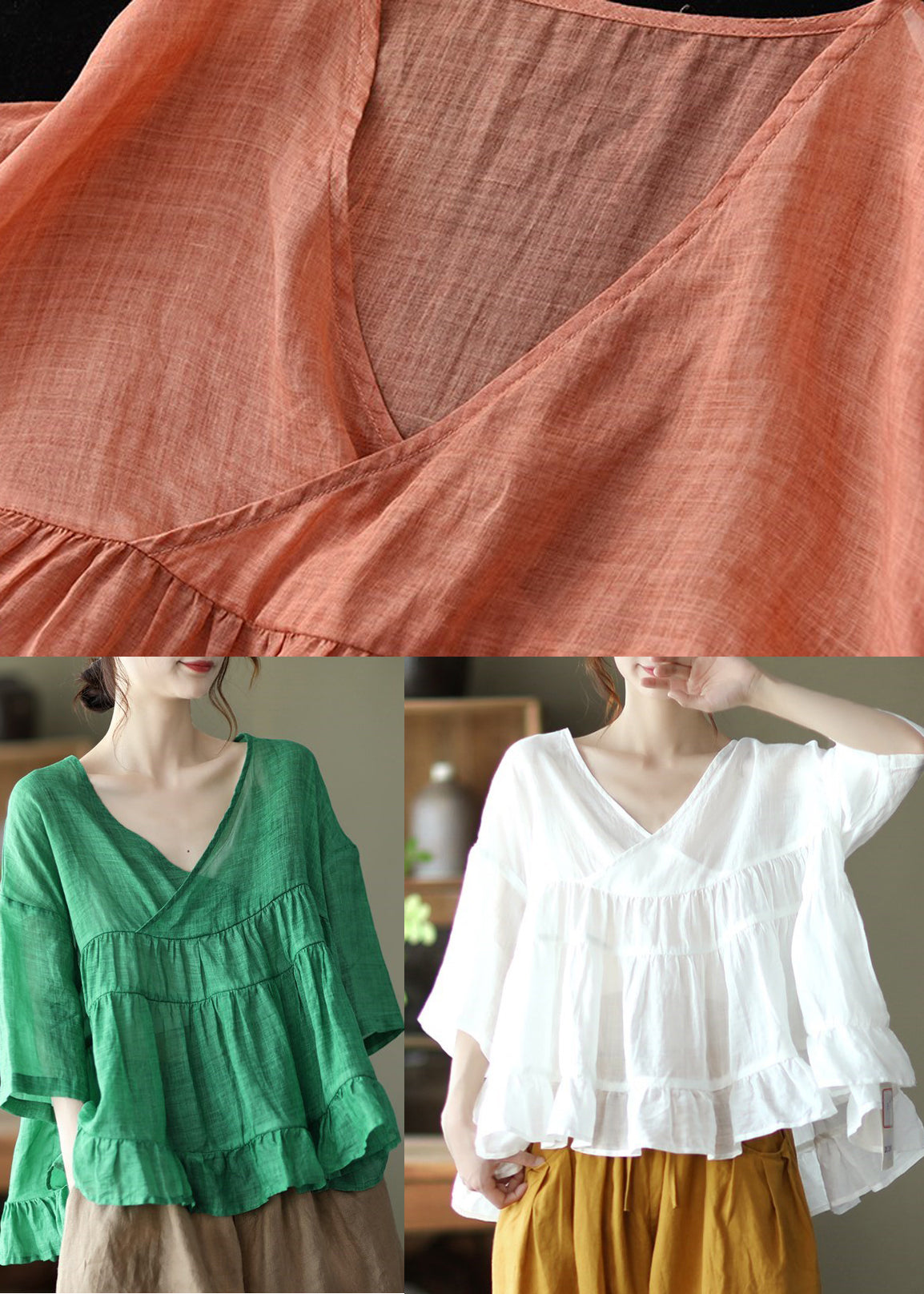 Women Green V Neck Patchwork Linen Tops Half Sleeve