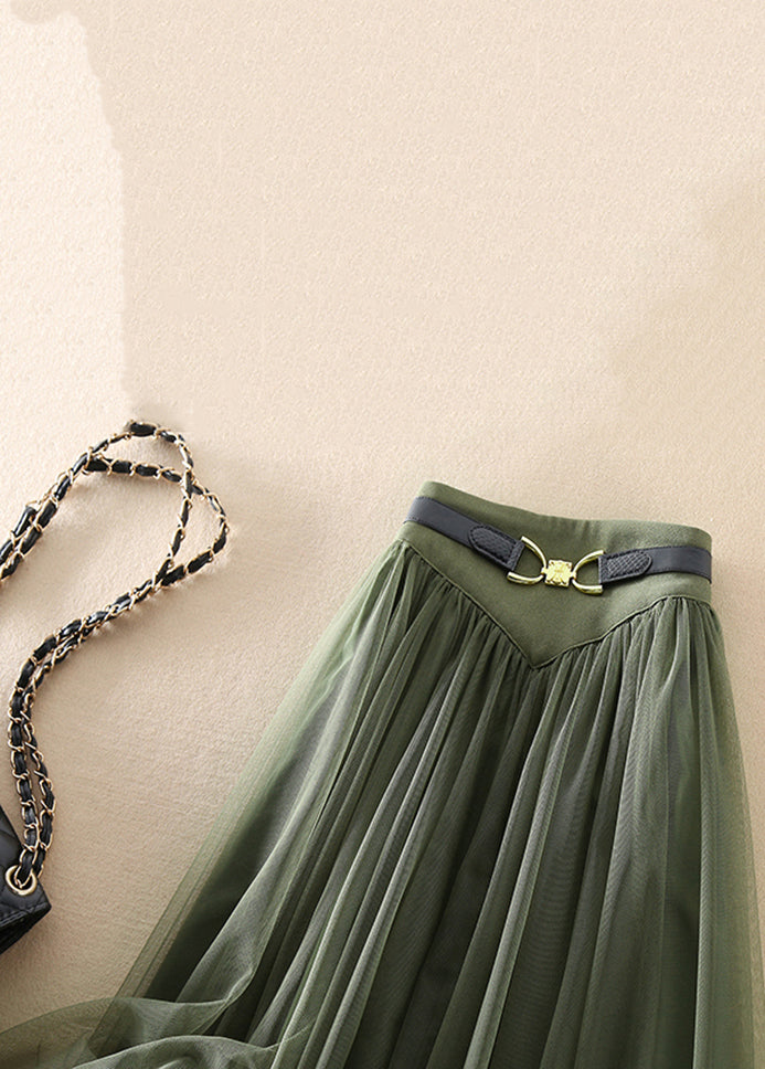 Women Green Wrinkled Elastic Waist Patchwork Tulle Skirts Fall