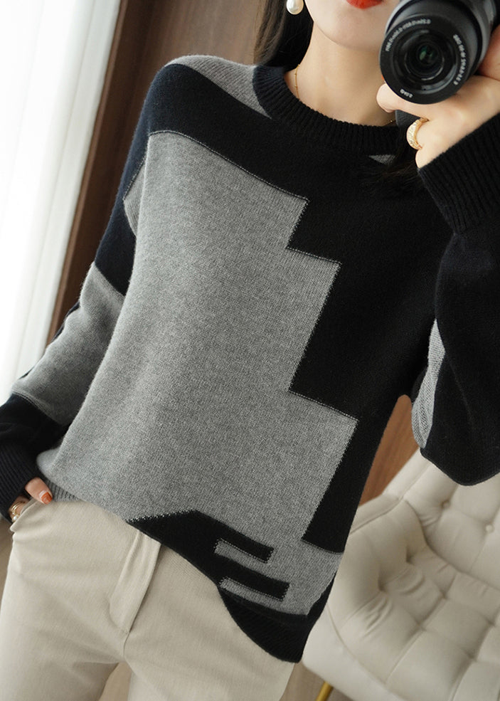 Women Grey Asymmetrical Patchwork Wool Knit Top Fall