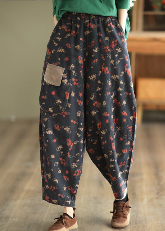 Women Grey Black Pockets Print Elastic Waist Linen Pants Spring