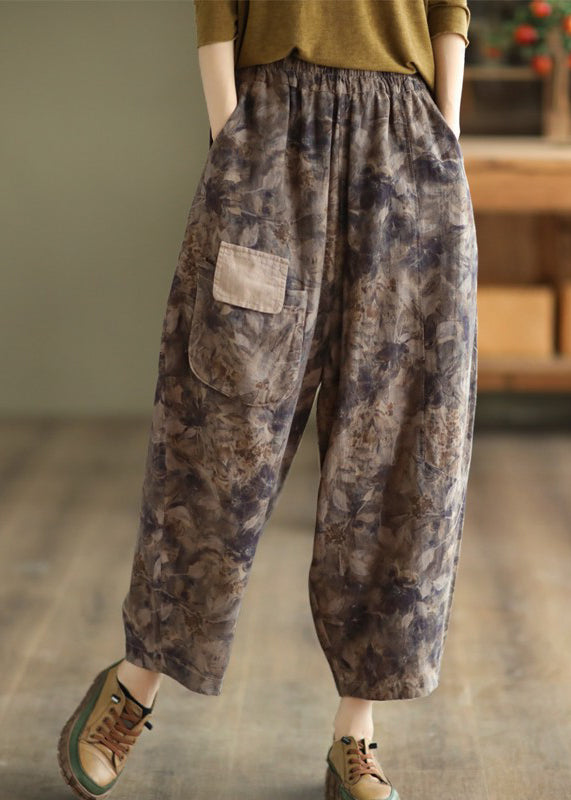 Women Grey Black Pockets Print Elastic Waist Linen Pants Spring