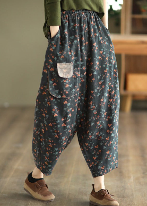 Women Grey Black Pockets Print Elastic Waist Linen Pants Spring