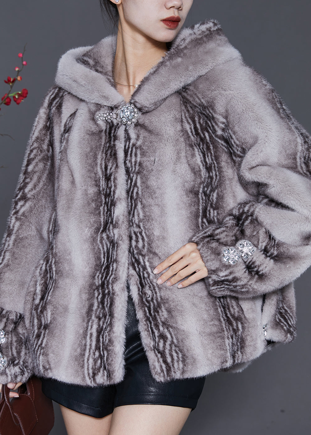 Women Grey Hooded Pockets Mink Velvet Coats Winter