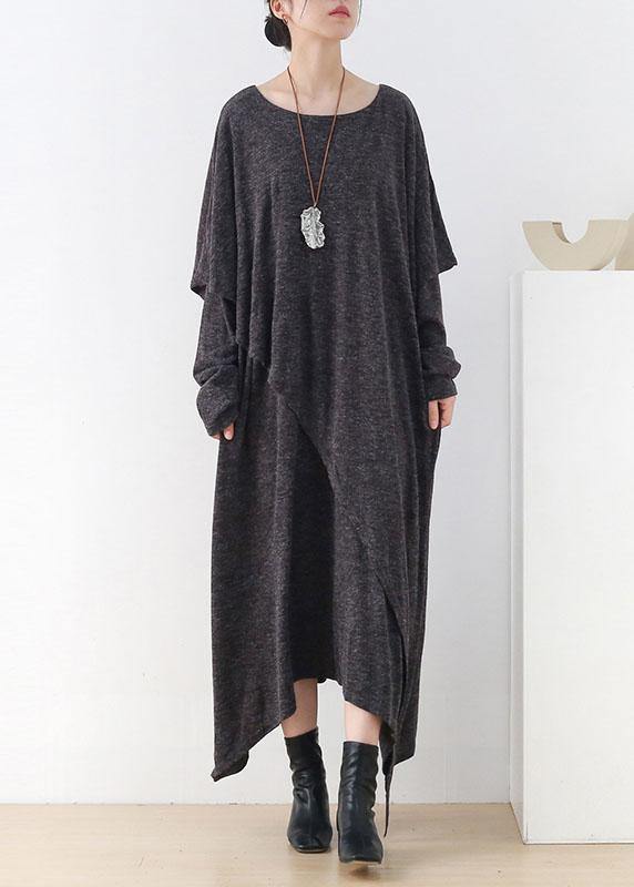 Women Grey O-Neck Patchwork Fall Cotton Dress