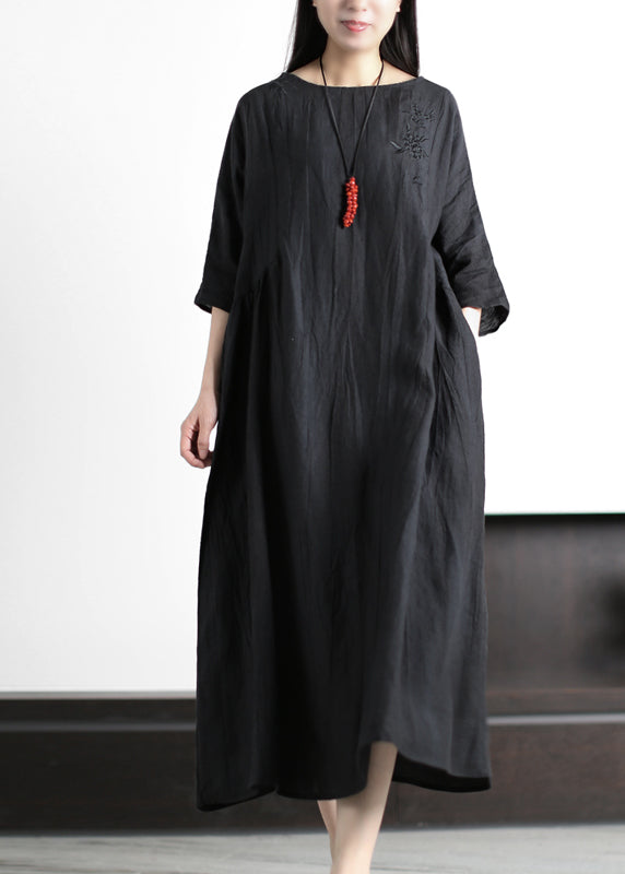 Women Grey O-Neck Wrinkled Embroideried Linen Dress Half Sleeve