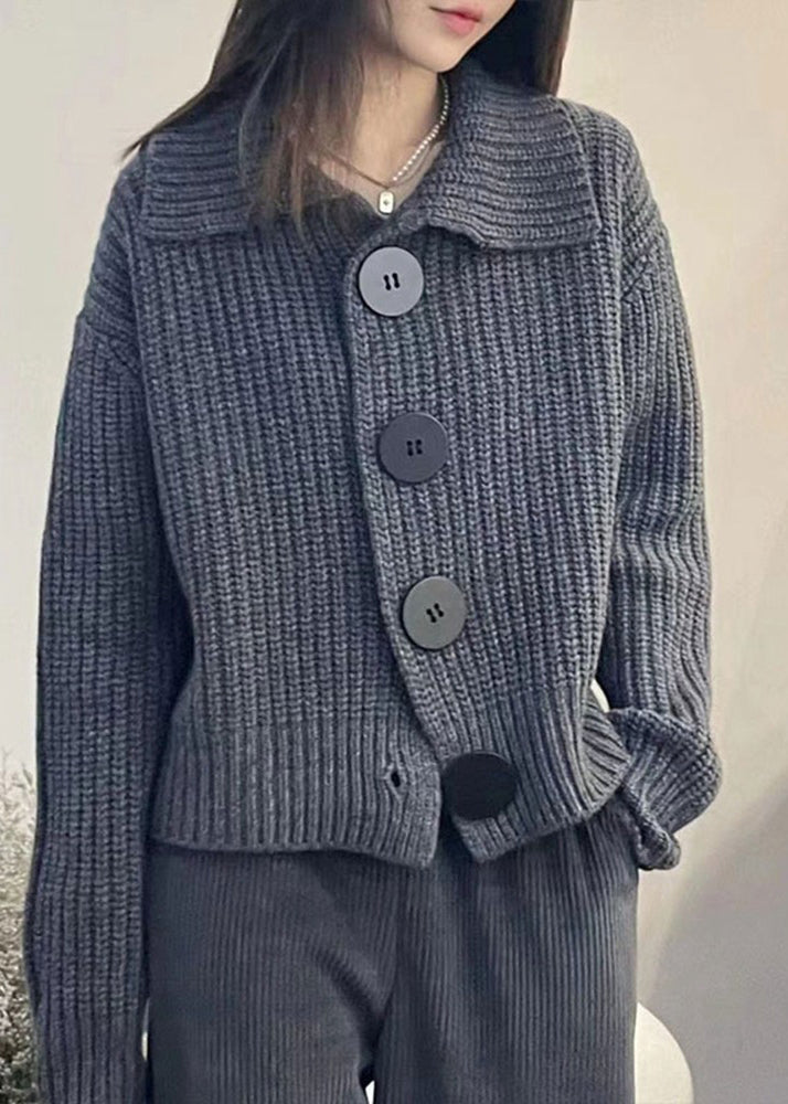 Women Grey Peter Pan Collar Button Knit Cardigan Spring