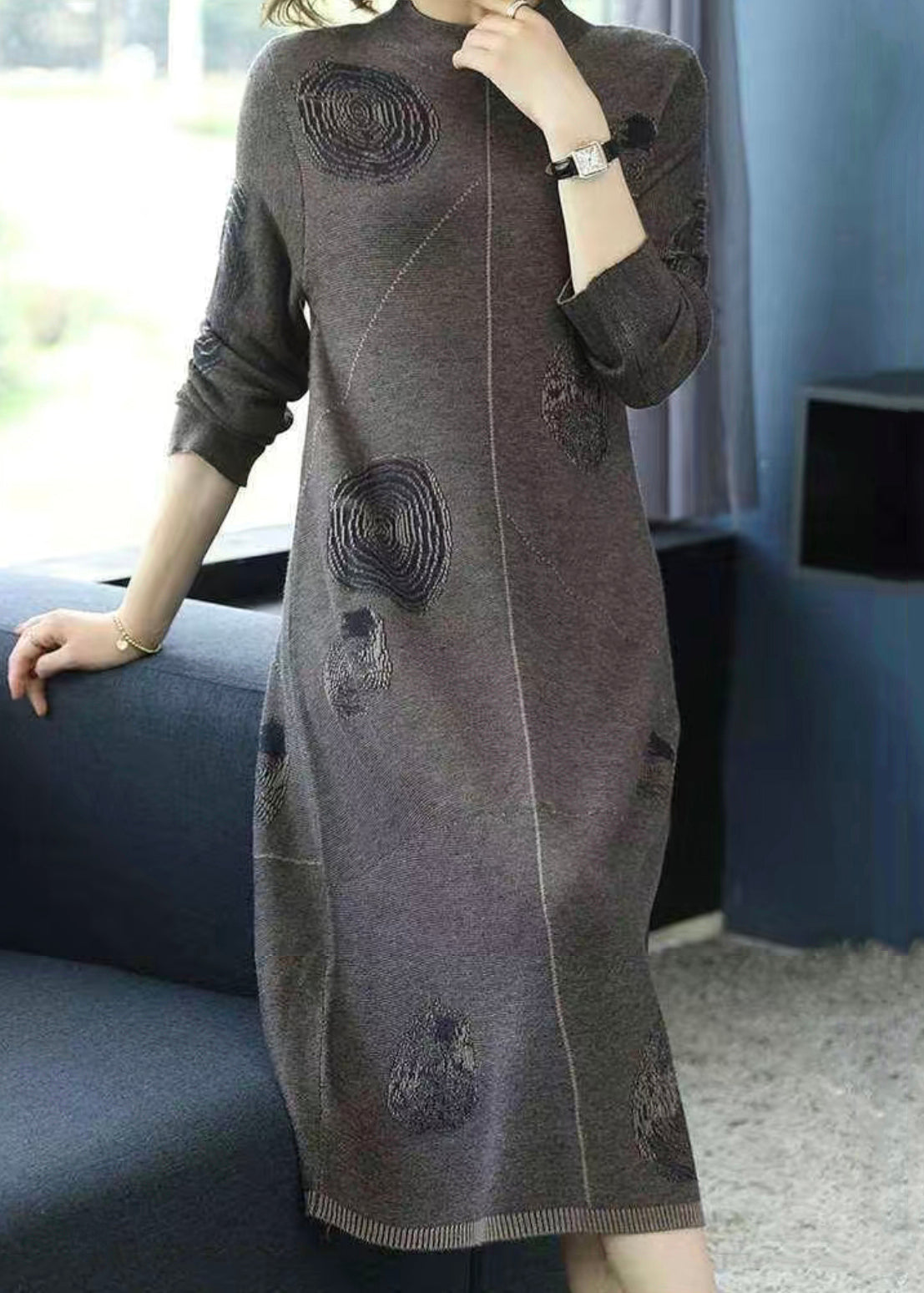 Women Grey Turtleneck Patchwork Cotton Knit Dress Fall