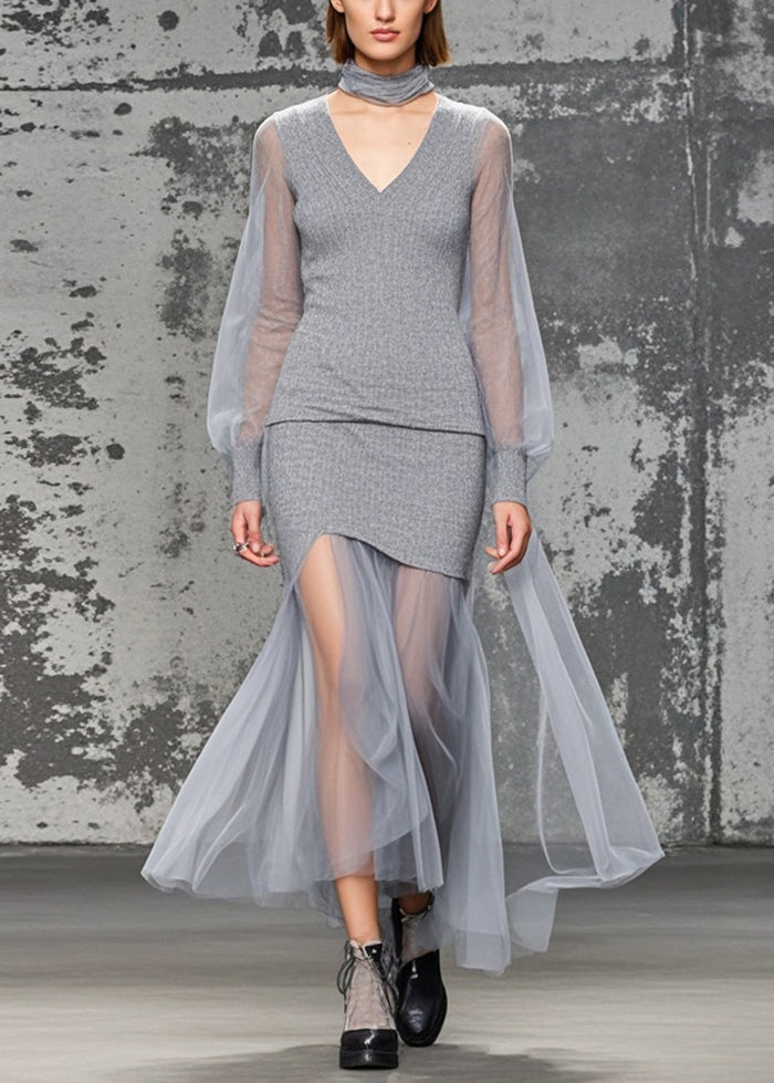 Women Grey V Neck Patchwork Tulle Knitwear Dress Fall