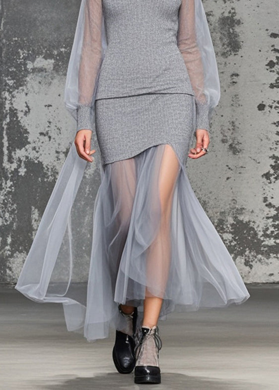 Women Grey V Neck Patchwork Tulle Knitwear Dress Fall